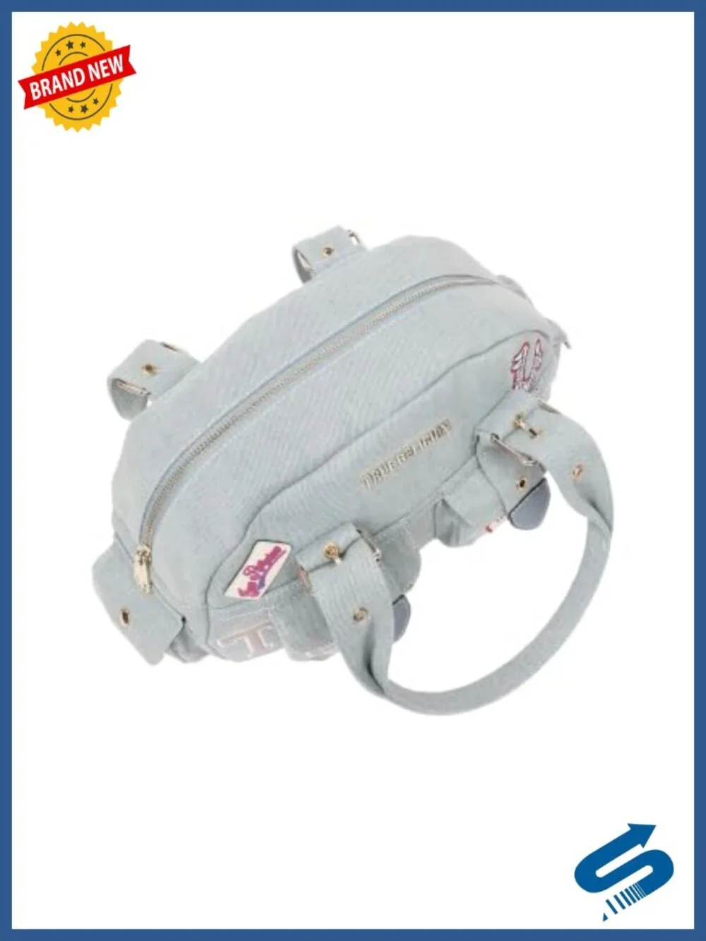 Denim Satchel with Patch Detail, Five Pockets, Adjustable Handle